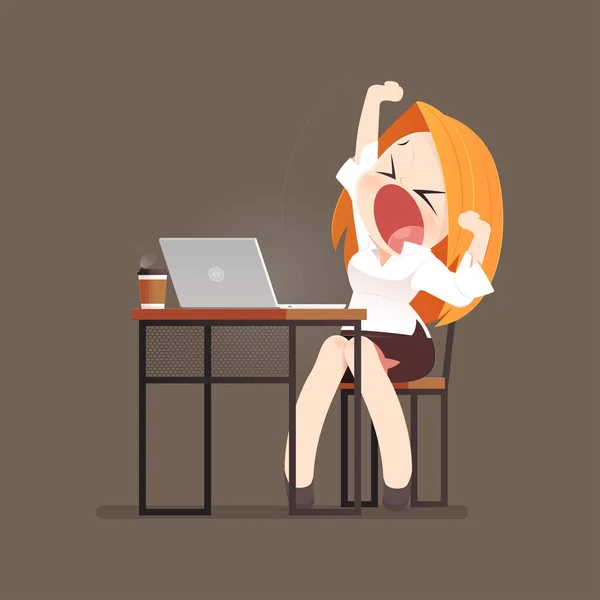 Cartoon affärskvinna gäspningar på kontor — Stock vektor