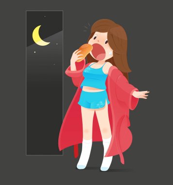 The woman is eating bread because she hungry at night clipart