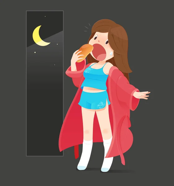 The woman is eating bread because she hungry at night — Stock Vector