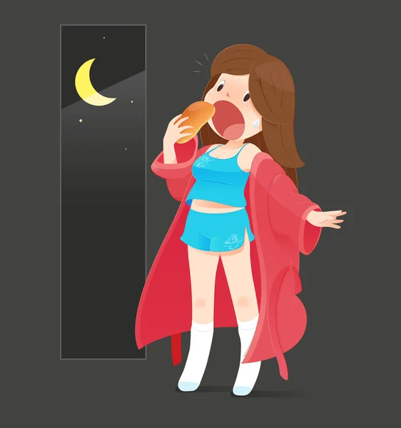 The woman is eating bread because she hungry at night — Stock Illustration The woman is eating bread because she hungry at night Vector Graphics