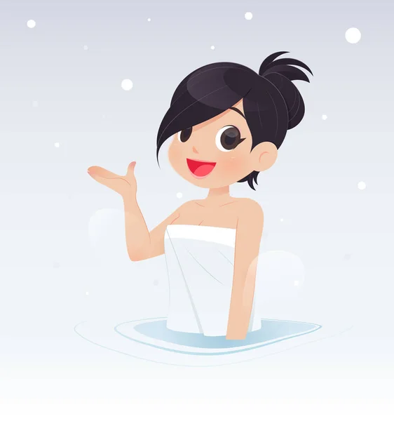 Woman with onsen or hot spring on the snow background — Stock Vector