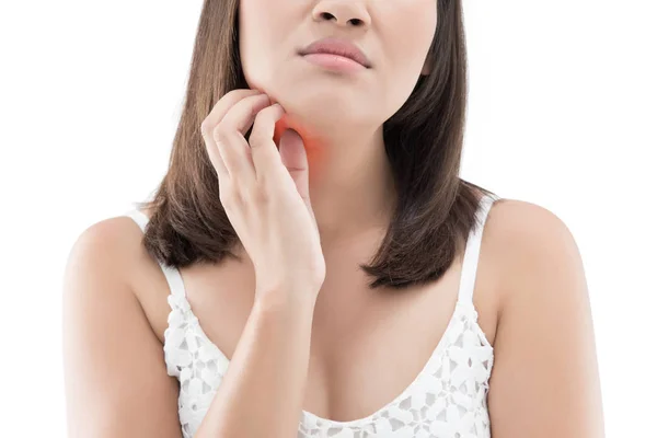 Woman itching his chin isolated on white background — Stock Photo, Image