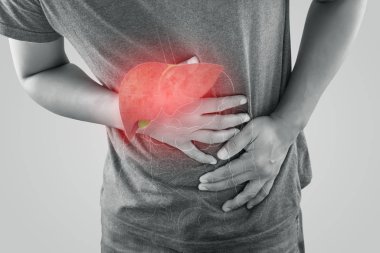 Adamın vücudundaki karaciğer fotoğrafı gri arka planda.