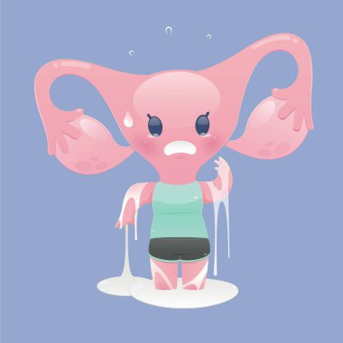 Uterus cartoon in green shirt crying because of leucorrhoea. The weakness of the physique. Vector flat character illustration design clipart