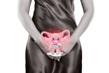Kadının vücudunda rahmin karikatürü var. Endometriyum çizimi. Sağlık kavramı beyaz arkaplanda izole edildi