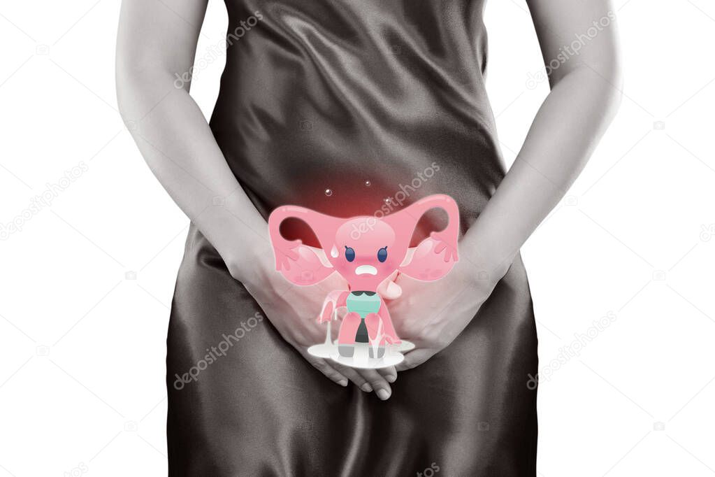 The cartoon of uterus is on the woman's body. Endometrium illustration. Health concept isolate on white background