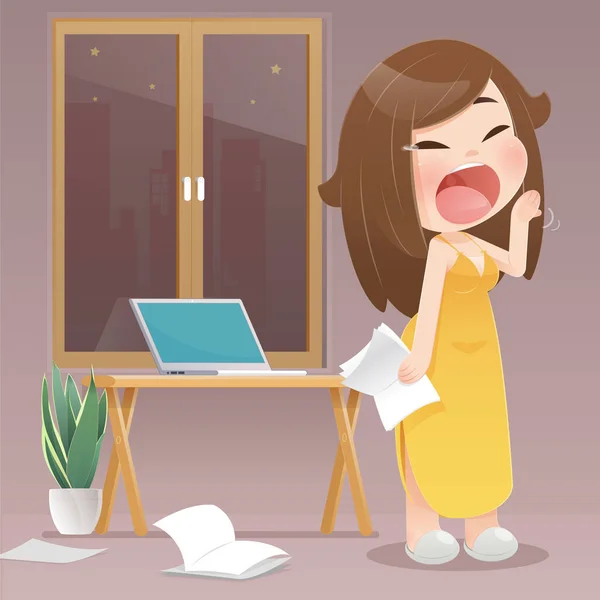 Καρτούν Γυναίκα Χασμουριέται Επειδή Εργάζονται Νύχτα Στο Σπίτι Κυρία Προετοιμάζεται — Διανυσματικό Αρχείο