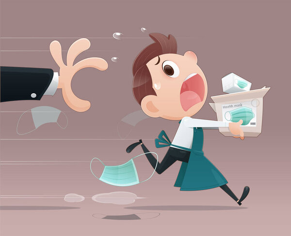 Чиновники министерства хотят украсть народную маску здравоохранения. Купеческая карикатура убегает от правительственных чиновников. Лицевая маска на складе, плоский рисунок персонажа
