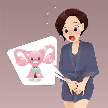 Mantarın sebep olduğu genital kaşıntısı olan koyu mor uyku tulumu giymiş çizgi film kadını. Rahim karikatürü yaralanma yüzünden ağlıyor. Fiziğin zayıflığı. Çizim ve vektör tasarımı kavramları