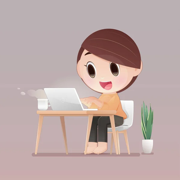 Mulher Dos Desenhos Animados Trabalhando Laptop Casa Lady Prepara Para — Vetor de Stock