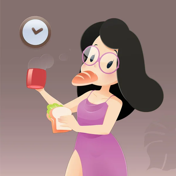 분홍색 잠옷을 레이스 여인을 배고픔 커피마시기 캐릭터 디자인 — 스톡 벡터