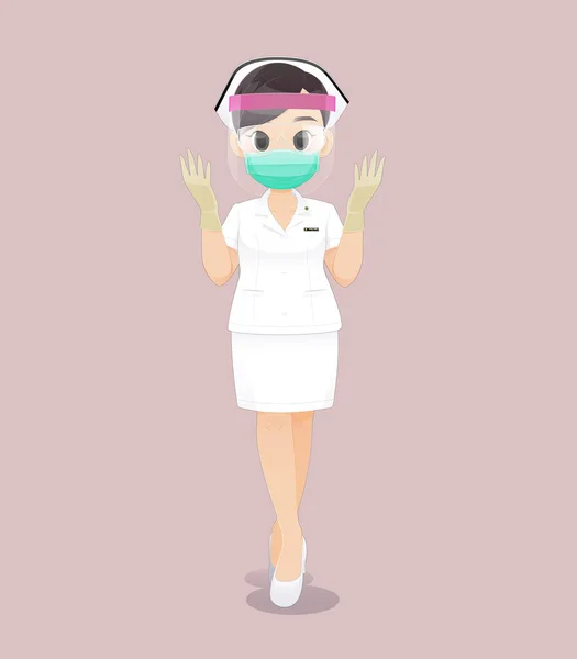 ピンクの背景に白い制服を着た漫画の女性医師や看護師 医療用手袋を着用し 健康マスクを身に着けている女性看護師 キャラクターデザインのベクトルイラスト — ストックベクタ