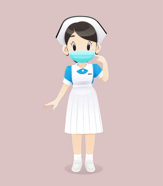 医療用マスクや外科用マスクを着用した看護学生や ピンクの背景に白青の制服を着た看護学生が立っています 看護婦の女性スタッフ 漫画のキャラクターデザインのベクトルイラスト — ストックベクタ