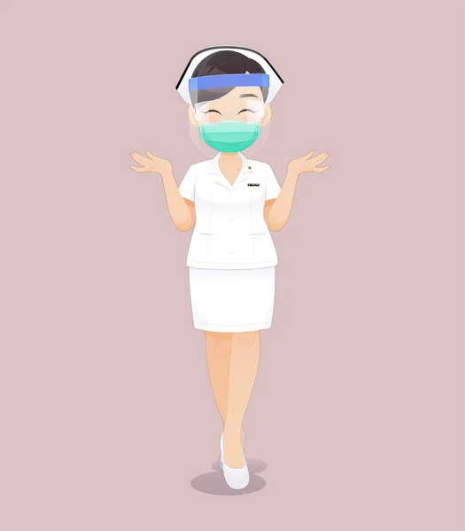 Caricature Femme Médecin Infirmière Portant Écran Facial Uniforme Blanc Sur — Image vectorielle