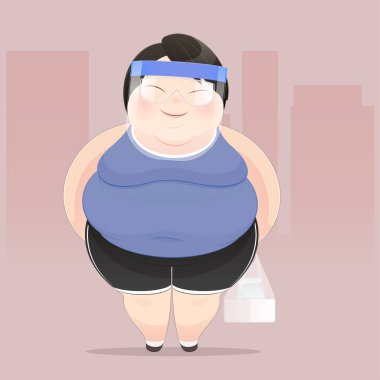 Yüzüne rozet takmış şişman bir adam dışarıda yemek alıyor. Şişman insan figürünün çizimi, Çizgi film ve Vektör kavramı