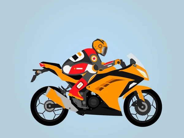 Tough Sportbike Estilo Plano Moto Laranja Cavaleiro Equipado Com Capacete — Vetor de Stock