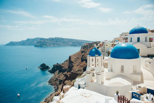 Traditioneller Blick Auf Das Meer Mit Booten Der Insel Santorini — Stockfoto