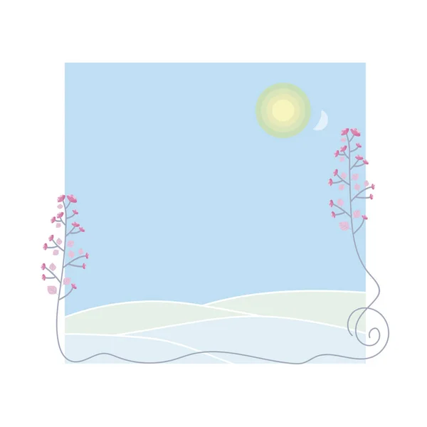 Licht wit en blauw briefkaart met bloemen en zon met maan en — Stockvector