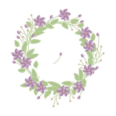 yeşil yaprakları ve Lila suluboya çiçek hafif pastel çelenk