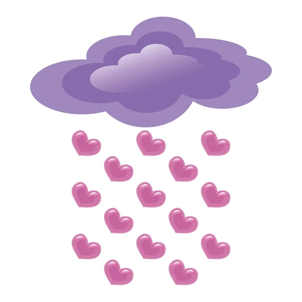 Romântico amor conposição de corações rosa chuva e nuvens roxas — Vetor de Stock
