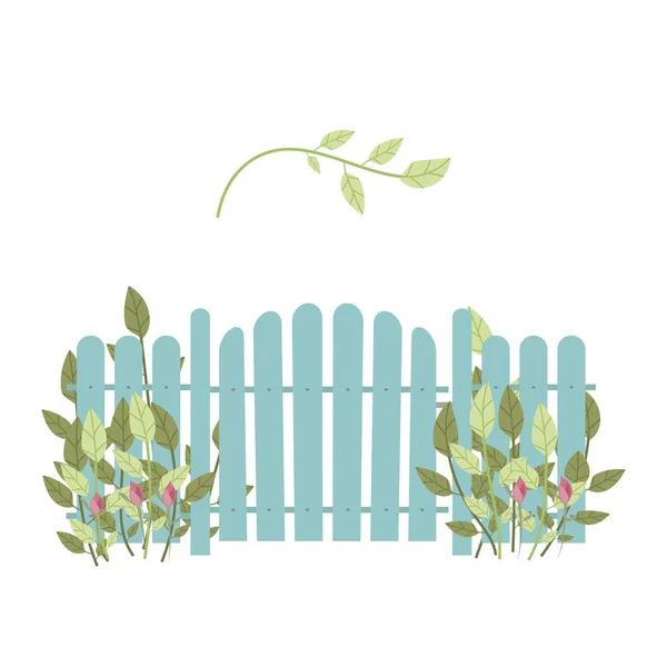 Clôture bleue et porte entourée de branches de feuilles vertes et t — Image vectorielle