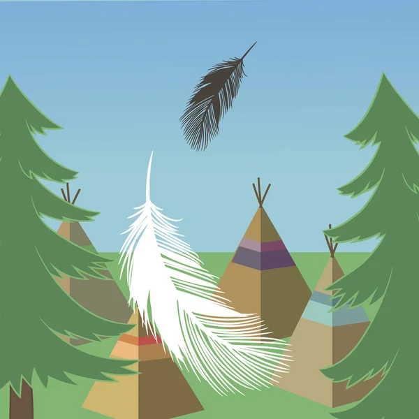 Vector Bosque paisaje con pinos verdes, wigwams, plumas squa — Vector de stock