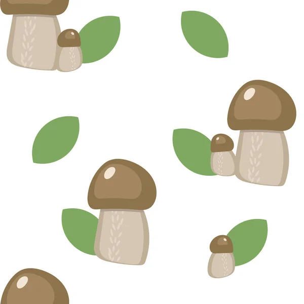 Nahtloser Hintergrund mit weißem Hintergrund Pilze und grüne le — Stockvektor