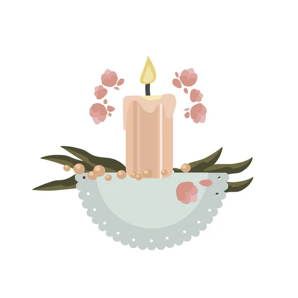 Розовая нежная свеча, зеленые листья, цветы и салфетка изолированы на белом фоне — стоковый вектор