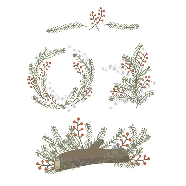 Новогоднее полено с красными ягодами и еловыми ветвями, венок на белом фоне — стоковый вектор