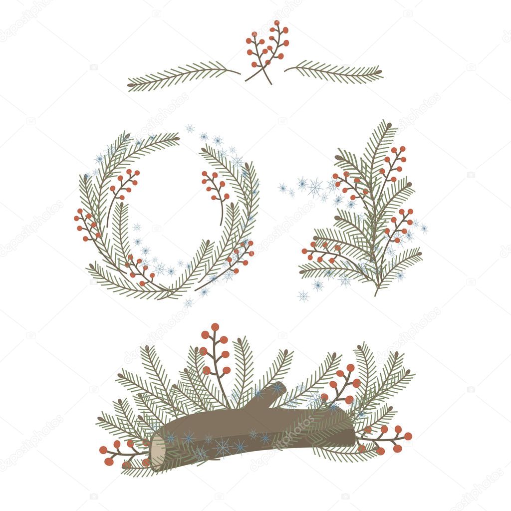 winter christmas New Year log with red berries and spruce branches composition, wreath isolated on white background