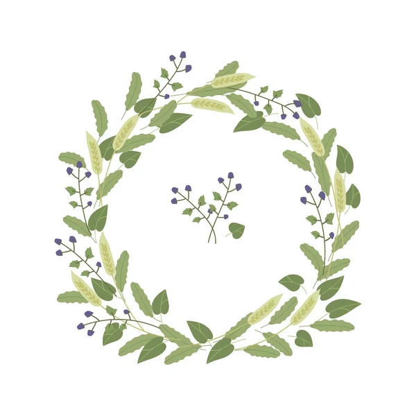 wreath of green leaves with blue blackberries on white background