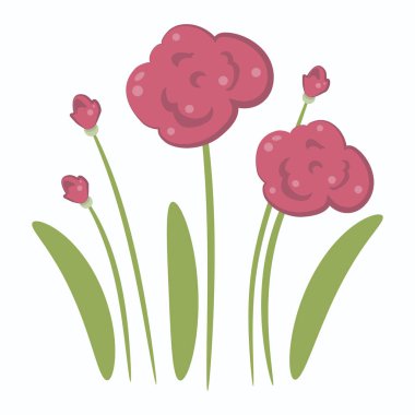 Tomurcukları ve yeşil yaprakları renkli parlak çizim kırmızı çiçekler