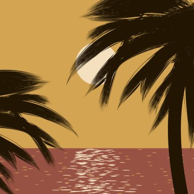 Koyu Konturlar yaprakları ve turuncu bir arka plan palmiye ağaçlarının gövdeleri