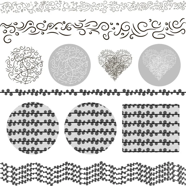 Elementos en blanco y negro hechos de rizos, círculos, corazones, zigzags, línea y espiral — Vector de stock