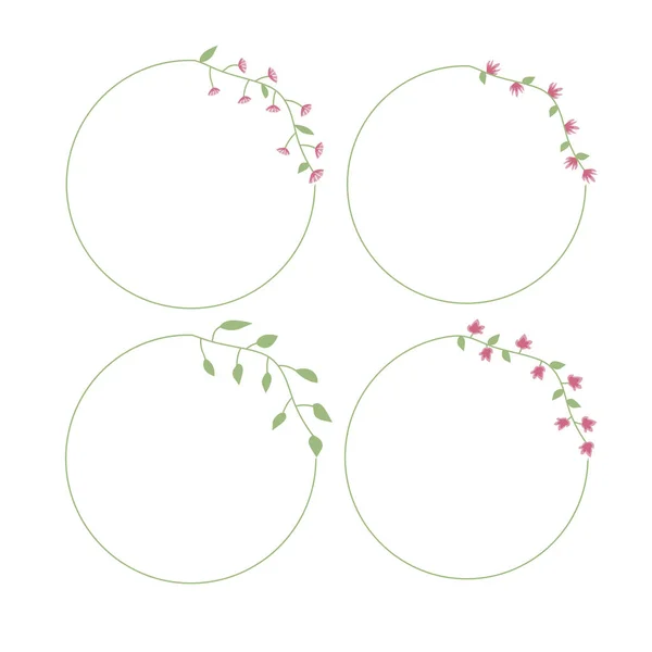 Round floral Flower thin frame with pink flowers and green leaves — Stock Vector