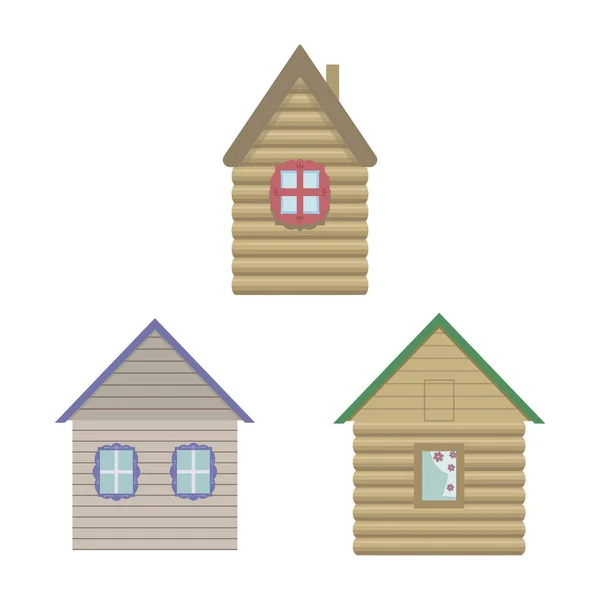 Vector marrón luz lindo casas de madera con ventanas y techos multicolores — Vector de stock