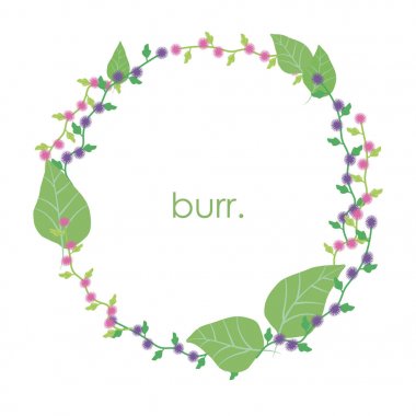 Light purple pink green thin wreath of burdock leaves and flowers clipart