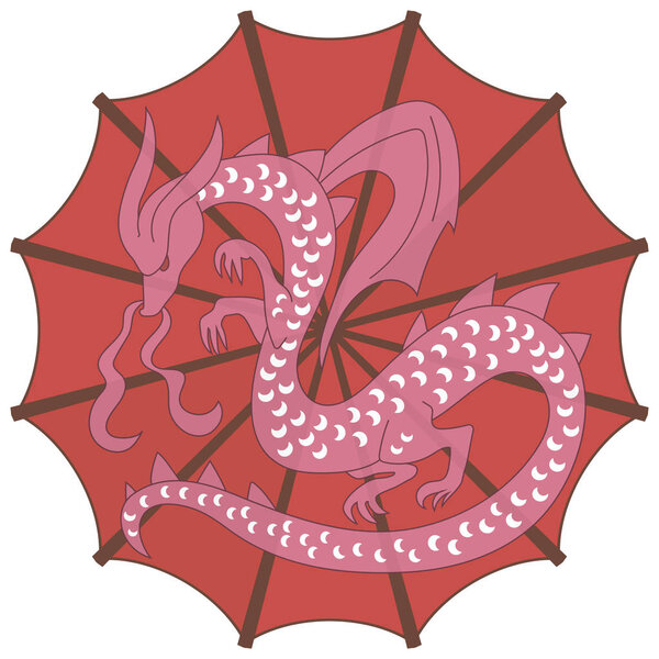 Round bright red Chinese umbrella with brown knitting needles and a pink-white dragon with wings