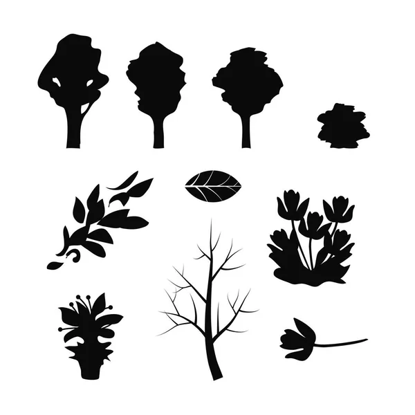 Conjunto de siluetas de árbol negro ramas de hojas voladoras de flores sobre fondo blanco aislado — Archivo Imágenes Vectoriales