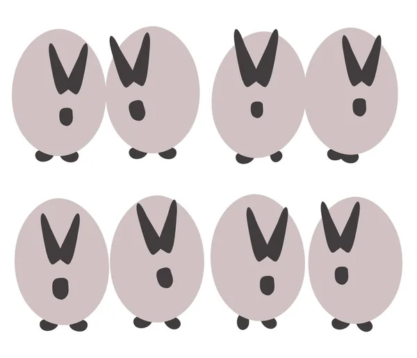 Komik göbekli gri tavşanlarla siyah kulak, Ağızlıklar ve pençeleri ışık gri yumurta beyaz arka plan üzerinde izole — Stok Vektör