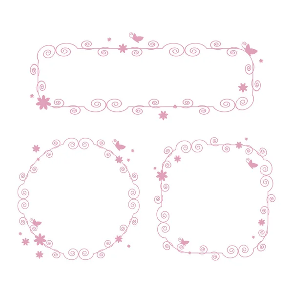 ピンクのベクトルのカールと乙女チックなかわいいフレーム蝶白い背景で隔離の花 — ストックベクタ