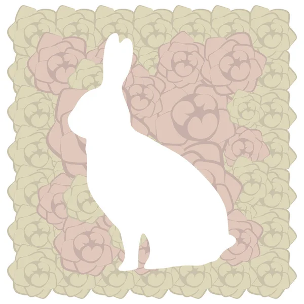 Ładny biały kwiatowy Wielkanoc beżowy brązowy królik pocztówka z różowych róż — Wektor stockowy