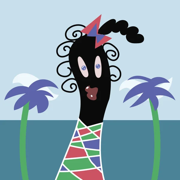 Ładna i wesoły pozytywny radosny tropikalny dziewczynka na dłoń i morze tło wektor ilustracja — Wektor stockowy