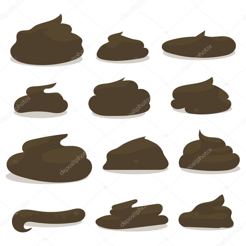 dark brown different forms of excrement painted cartoon isolated on white background