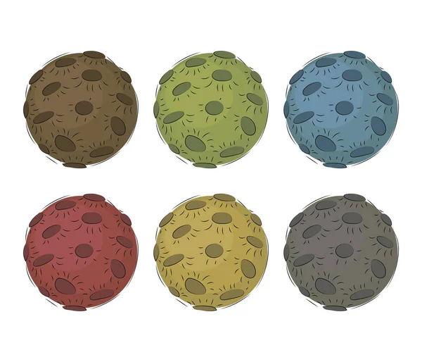 6 luas pintadas de vetor multicolorido com crateras isoladas em fundo branco . — Vetor de Stock