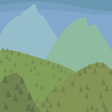 taze yeşil mavi dağlar ve tepeler ile iğne yapraklı ağaçlar manzara mavi gökyüzü illüstrasyon vektör