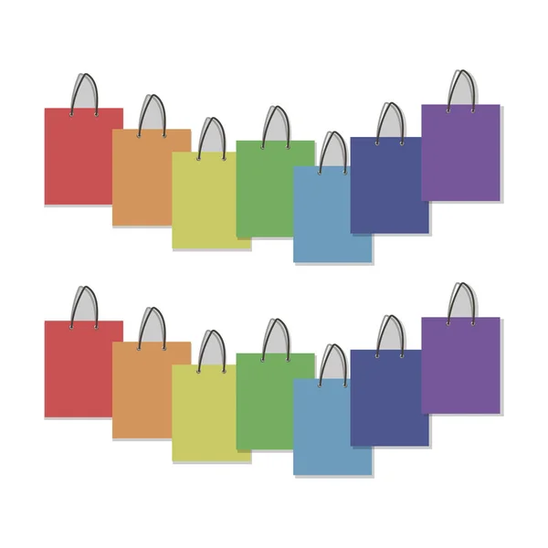 Desenhos vetoriais papel retangular cores arco-íris composição de grupo de pacotes com alças isoladas no fundo branco — Vetor de Stock