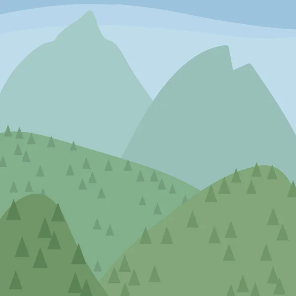 Verde claro azul montañas y colinas con árboles de coníferas paisaje azul cielo ilustración — Vector de stock