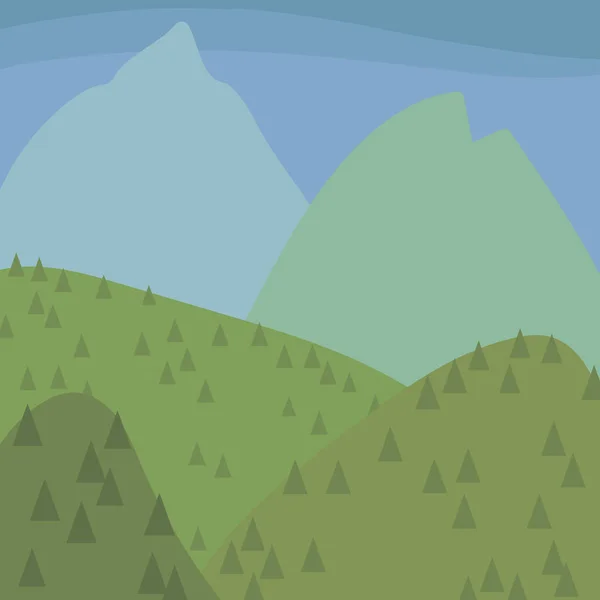 Friss zöld kék hegyek és dombok, a tűlevelű fák táj kék ég illusztráció vektor — Stock Vector