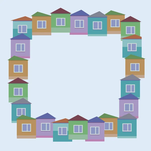 Ilustración vectorial de pequeñas casas de colores con ventanas y techos frontera cuadrada — Vector de stock